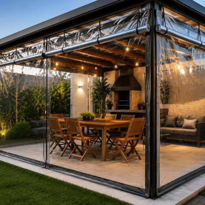 Lona transparente reforçada instalada em área gourmet externa, oferecendo proteção contra chuva e vento sem bloquear a iluminação natural