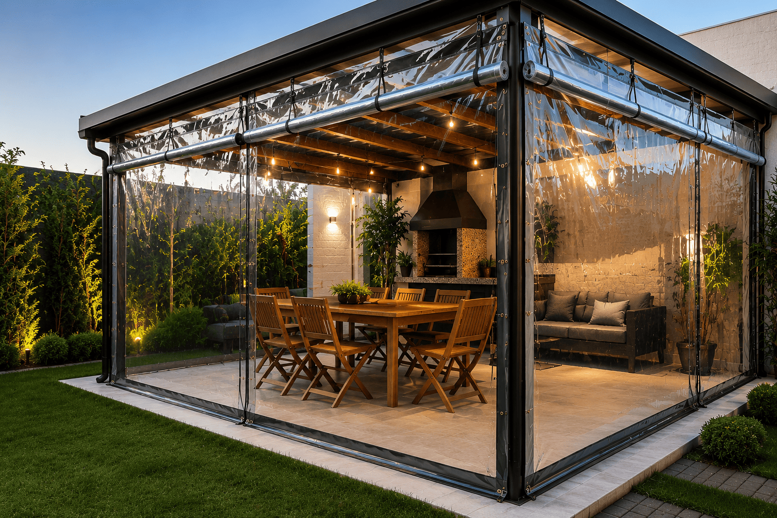 Lona transparente reforçada instalada em área gourmet externa, oferecendo proteção contra chuva e vento sem bloquear a iluminação natural